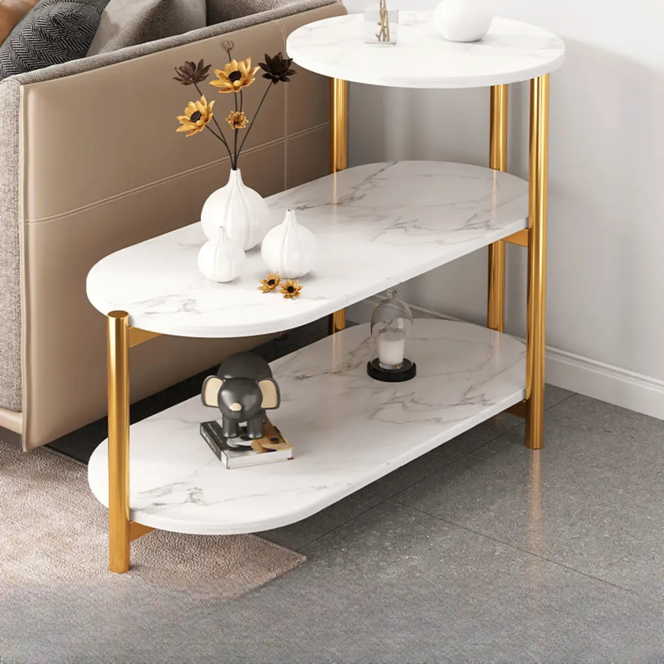 Table d'appoint ovale noire à 3 niveaux en bois avec pieds en métal