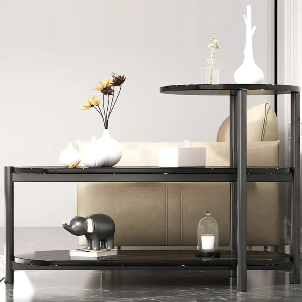 Table d'appoint ovale noire à 3 niveaux en bois avec pieds en métal