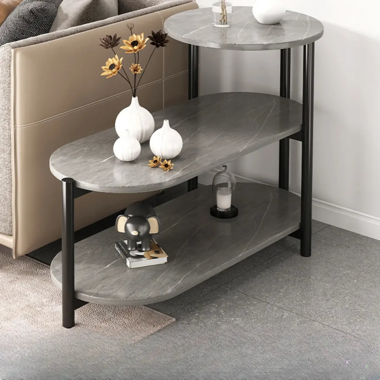 Table d'appoint ovale noire à 3 niveaux en bois avec pieds en métal