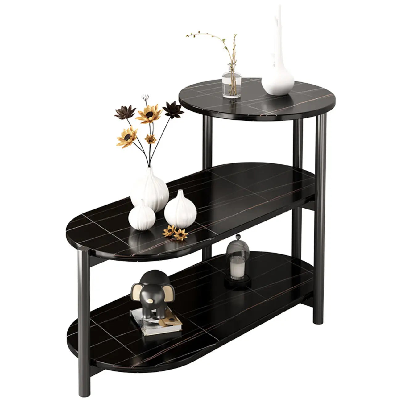 Table d'appoint ovale noire à 3 niveaux en bois avec pieds en métal