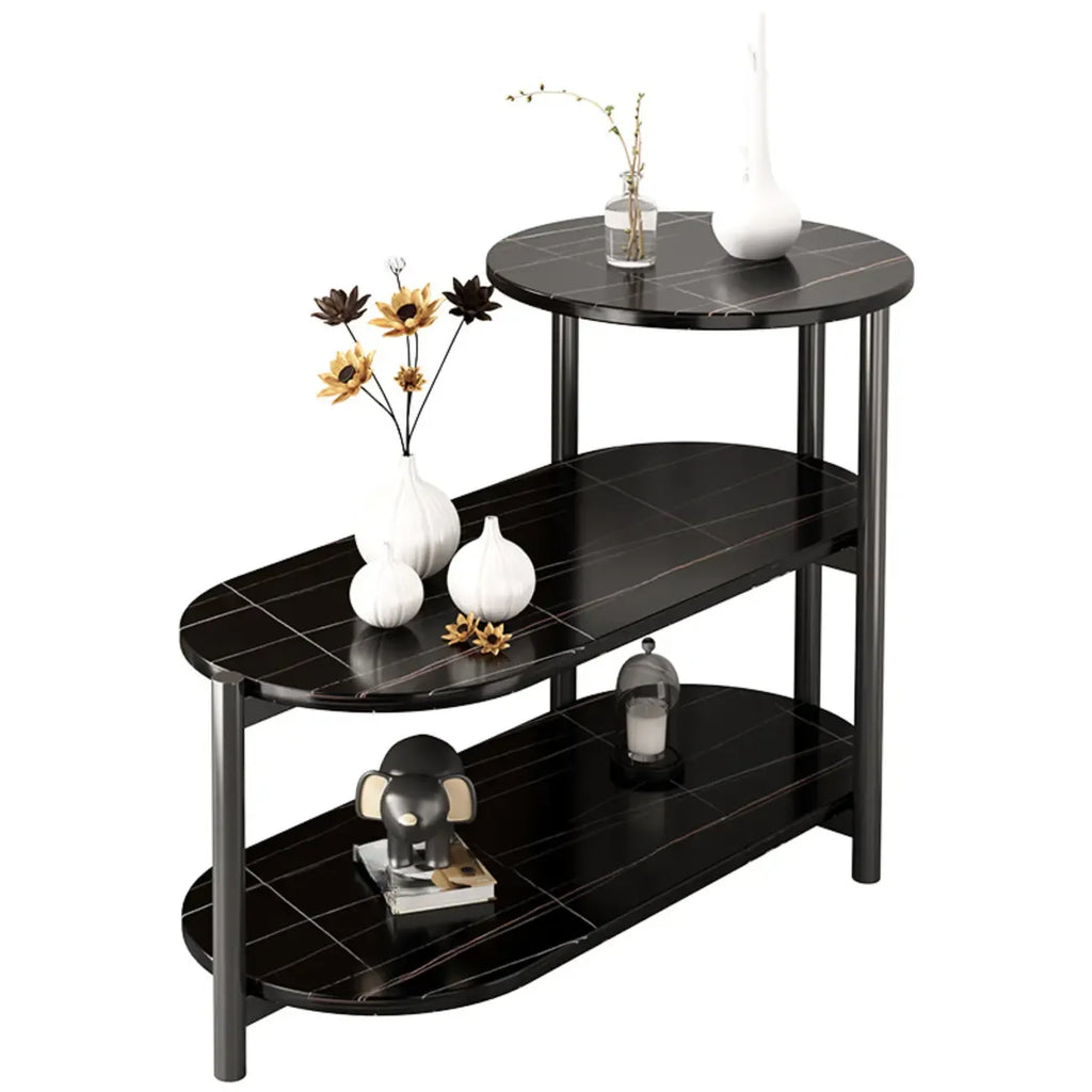 Table d'appoint ovale noire à 3 niveaux en bois avec pieds en métal