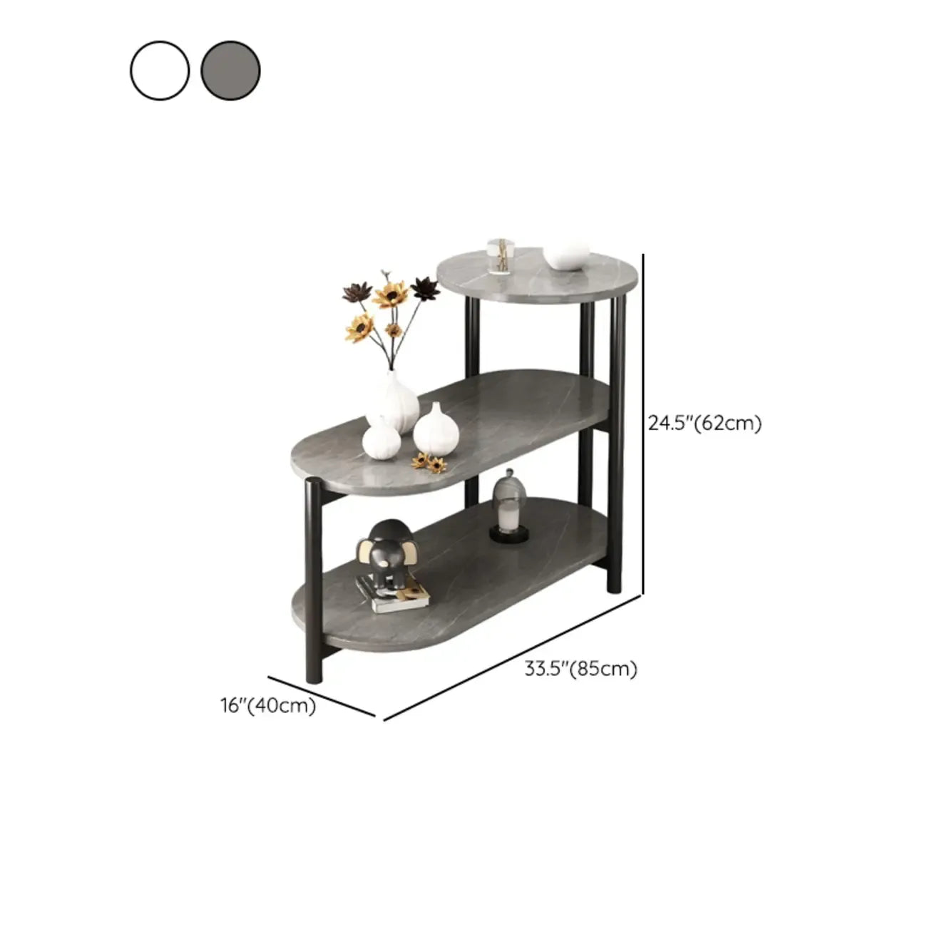 Table d'appoint ovale noire à 3 niveaux en bois avec pieds en métal