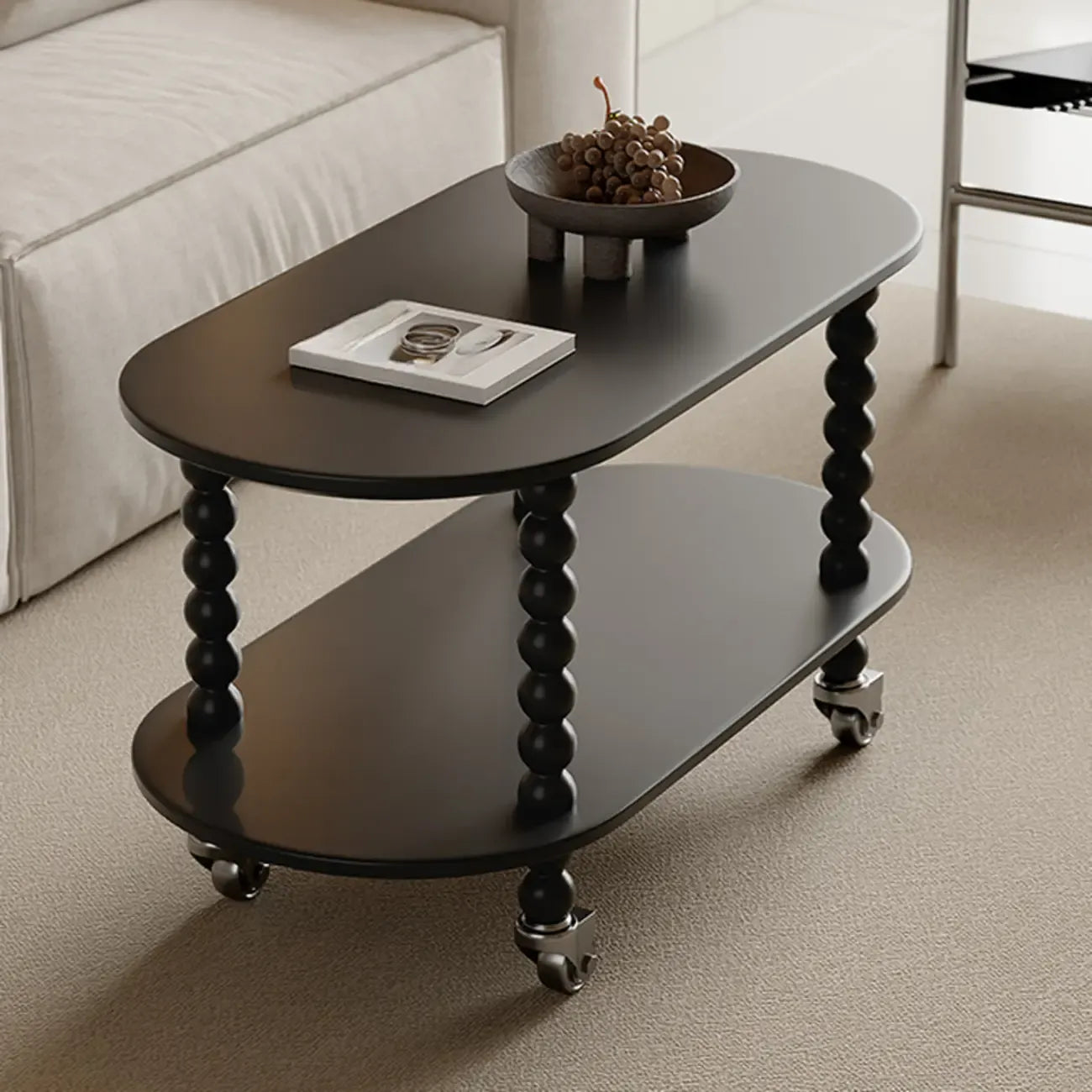 Table d'appoint roulante ovale noire en bois à 2 niveaux avec rangement