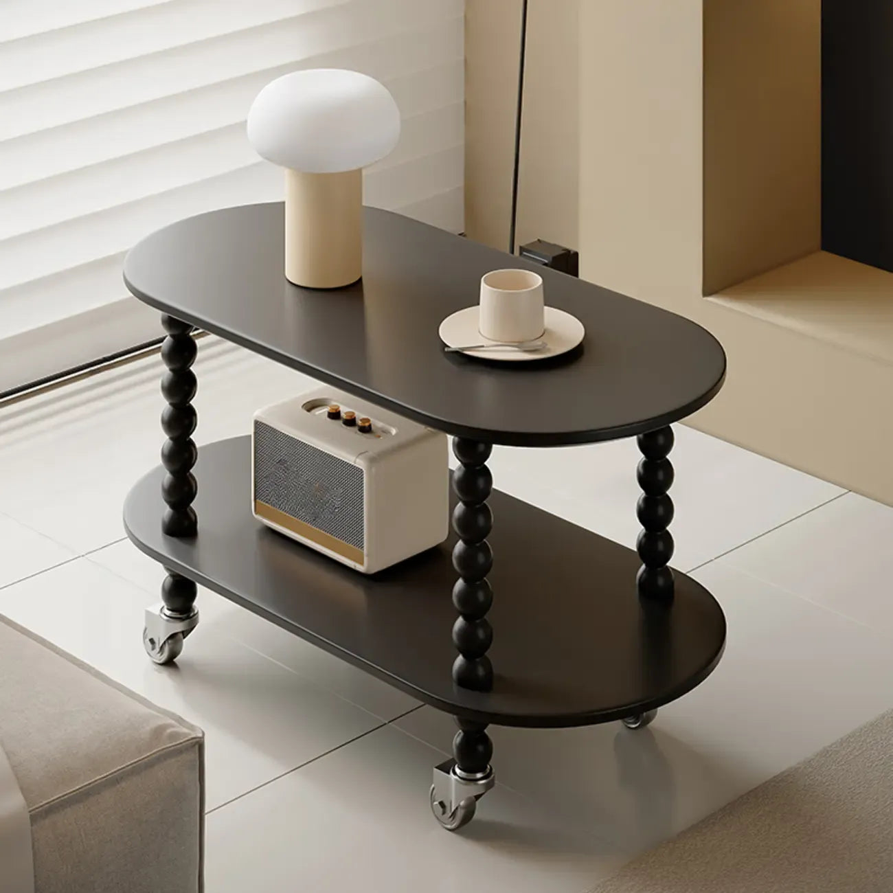 Table d'appoint roulante ovale noire en bois à 2 niveaux avec rangement
