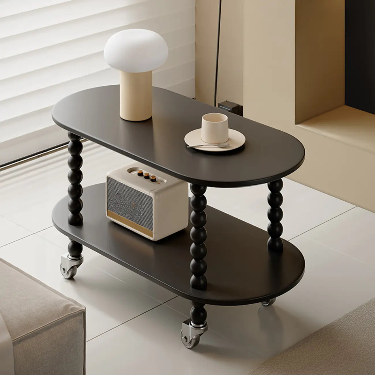 Table d'appoint roulante ovale noire en bois à 2 niveaux avec rangement