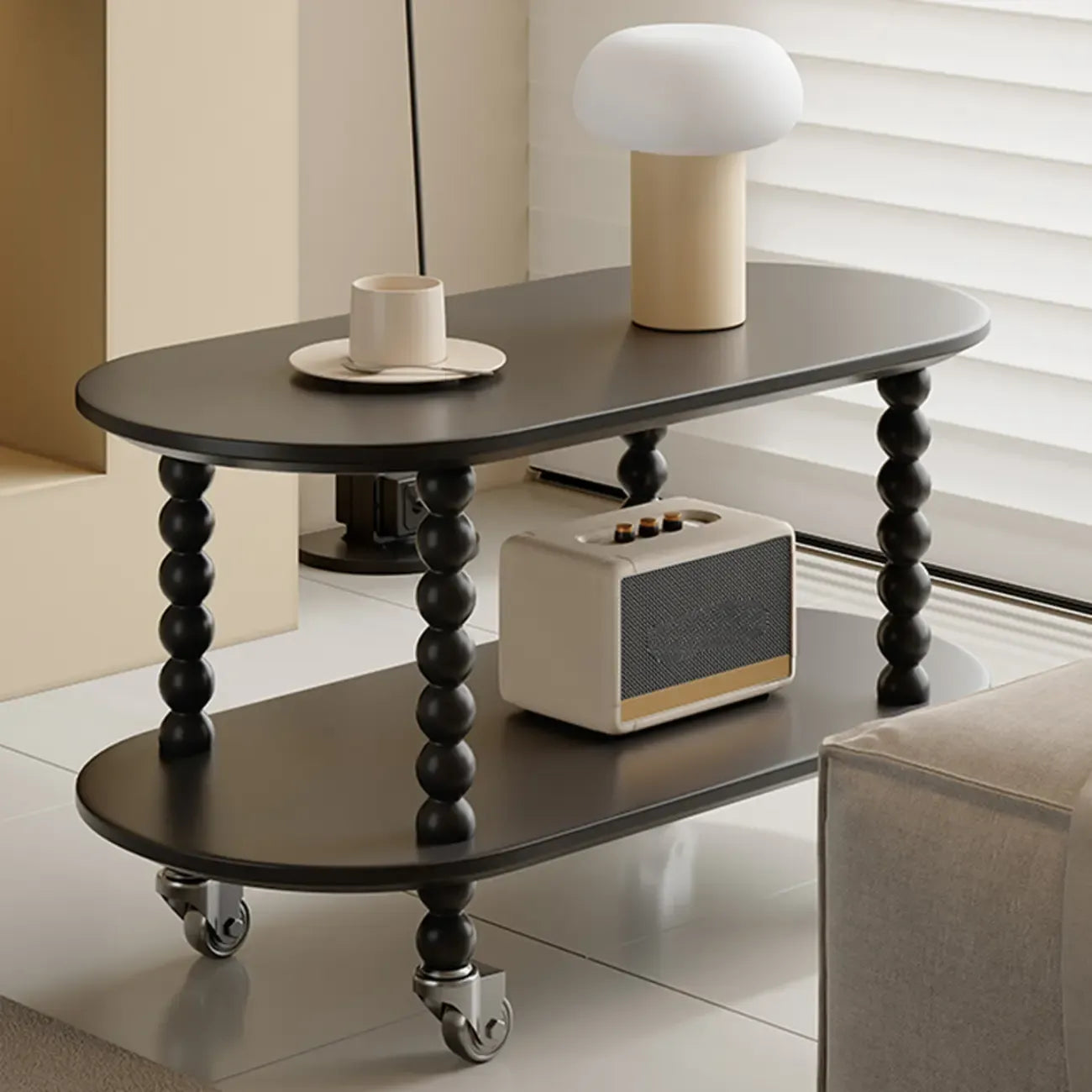 Table d'appoint roulante ovale noire en bois à 2 niveaux avec rangement