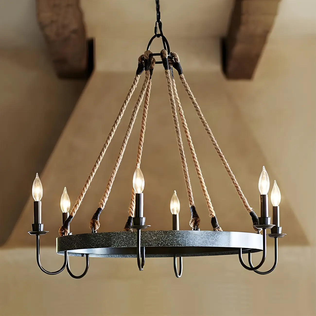Lustre rond industriel en métal et corde de chanvre pour bougies