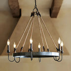 Lustre rond industriel en métal et corde de chanvre pour bougies