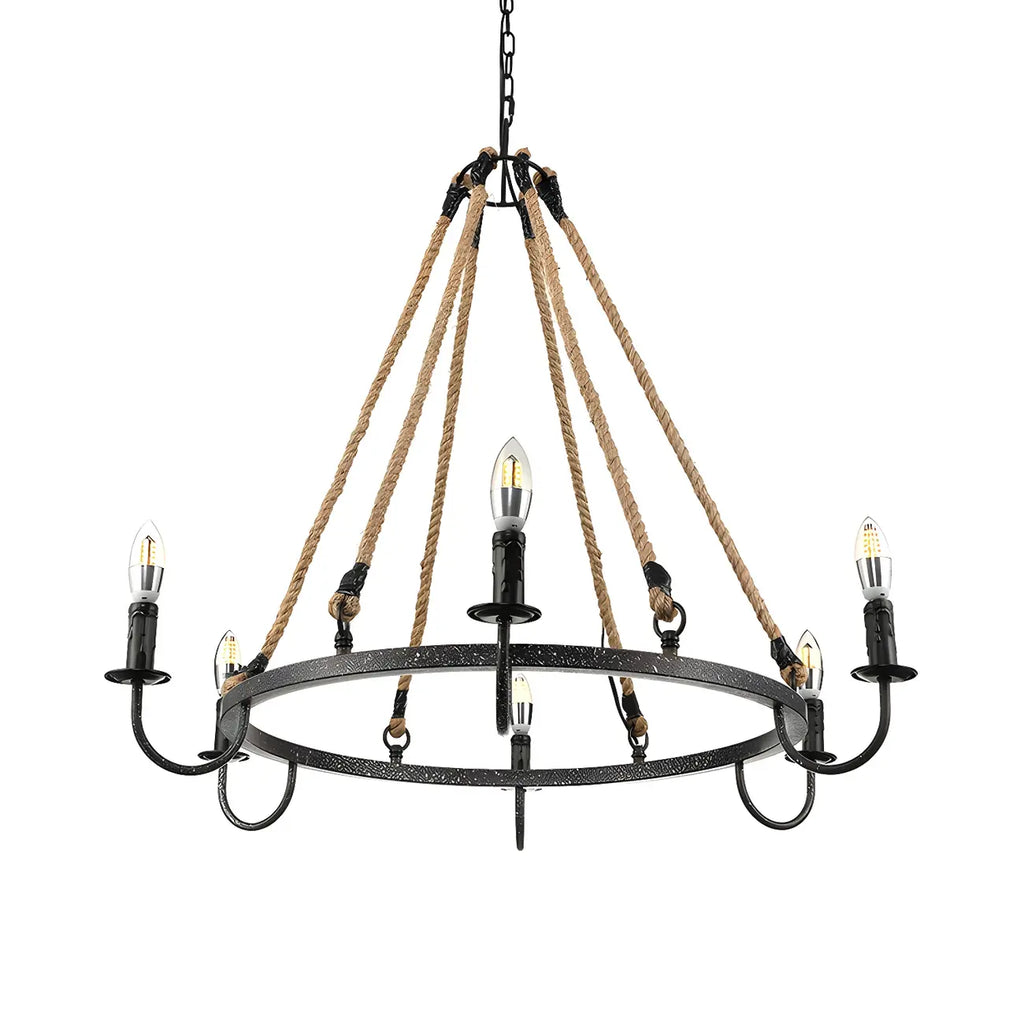 Lustre rond industriel en métal et corde de chanvre pour bougies