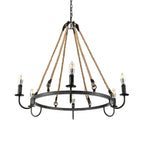 Lustre rond industriel en métal et corde de chanvre pour bougies