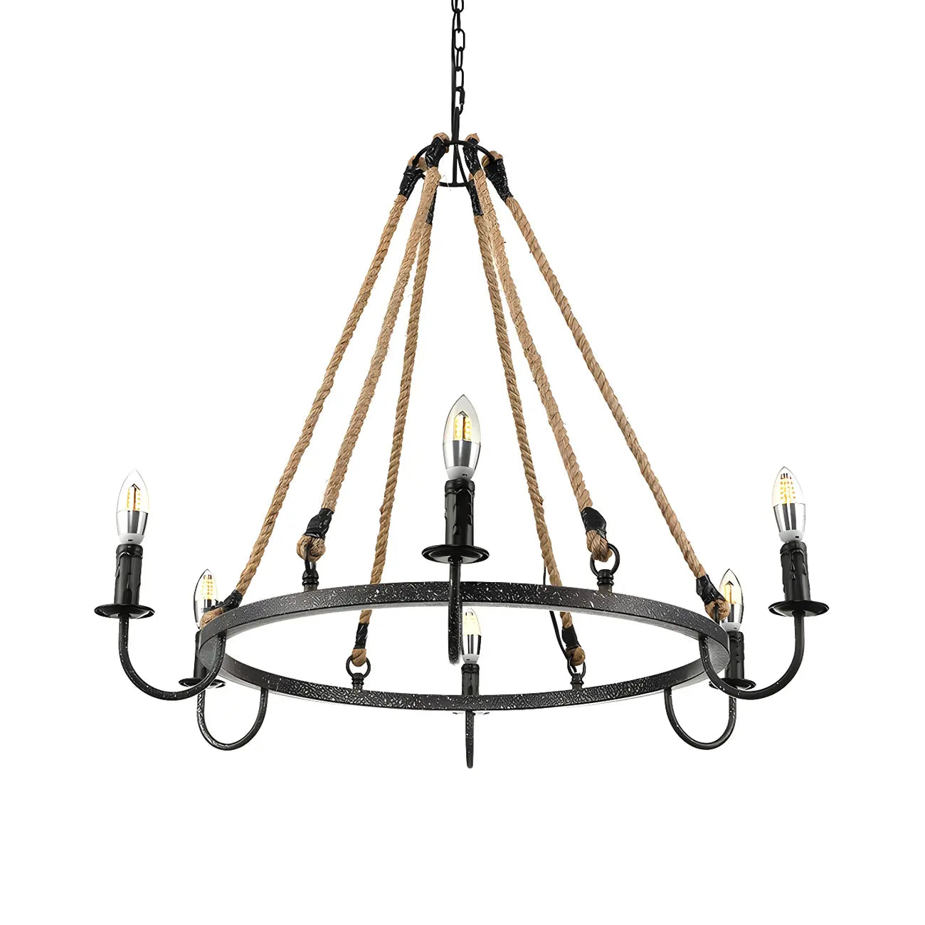 Lustre rond industriel en métal et corde de chanvre pour bougies