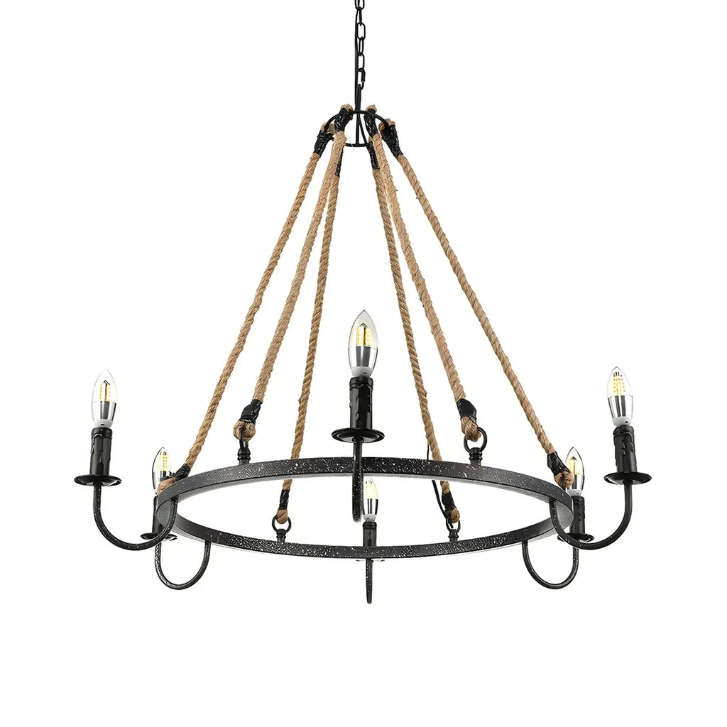 Lustre rond industriel en métal et corde de chanvre pour bougies