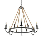 Lustre rond industriel en métal et corde de chanvre pour bougies