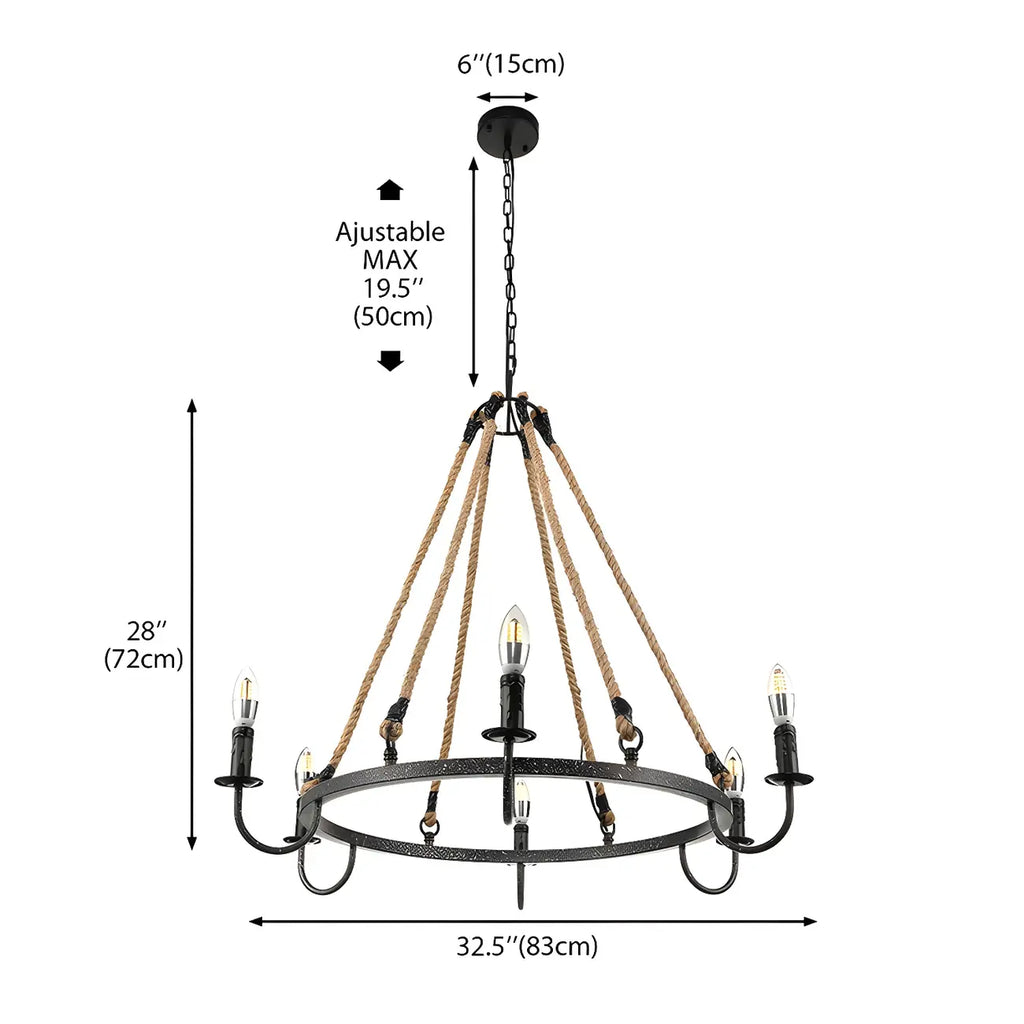 Lustre rond industriel en métal et corde de chanvre pour bougies