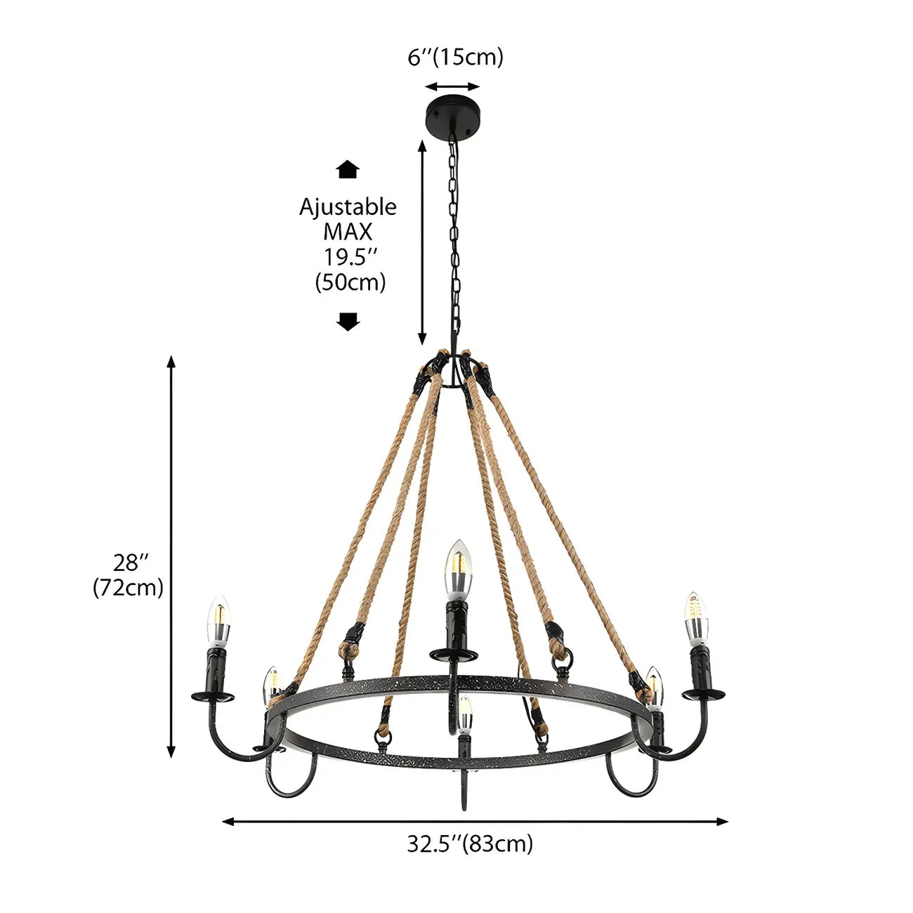 Lustre rond industriel en métal et corde de chanvre pour bougies