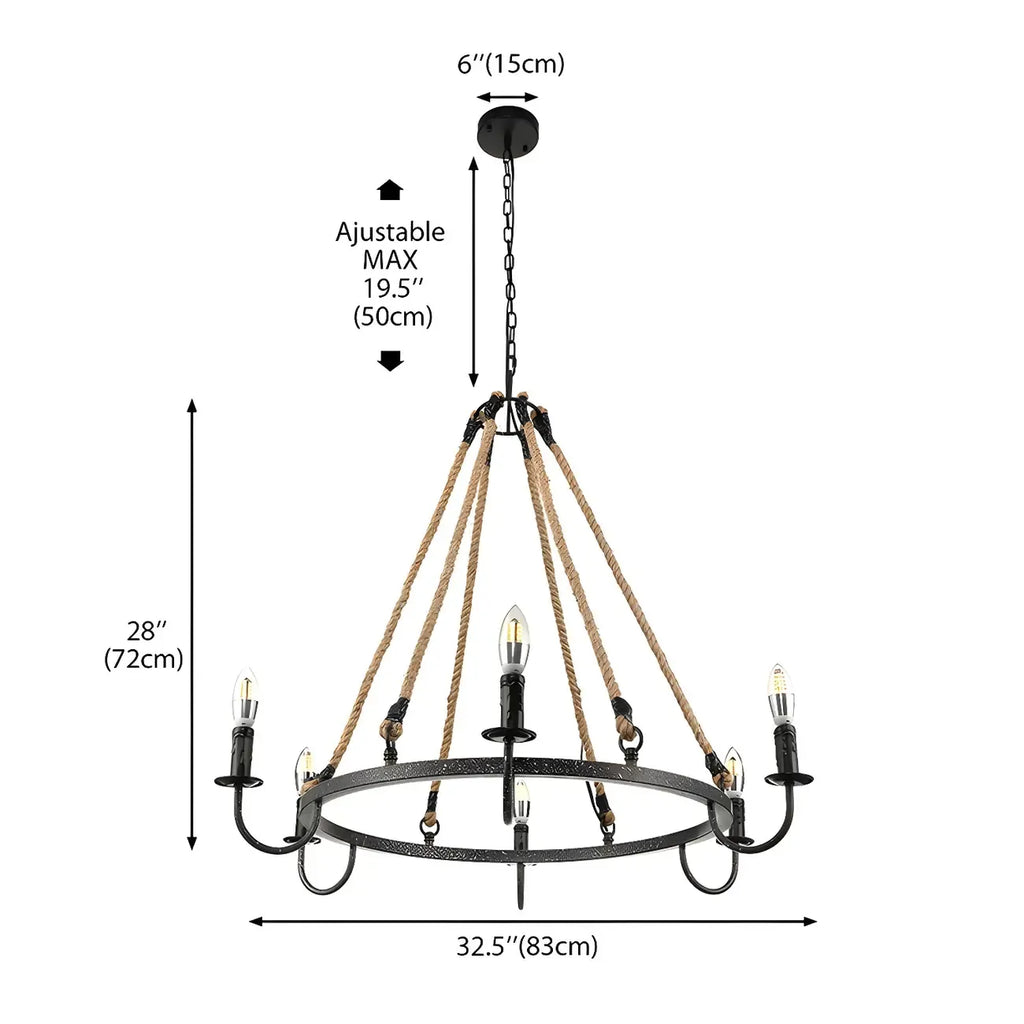 Lustre rond industriel en métal et corde de chanvre pour bougies
