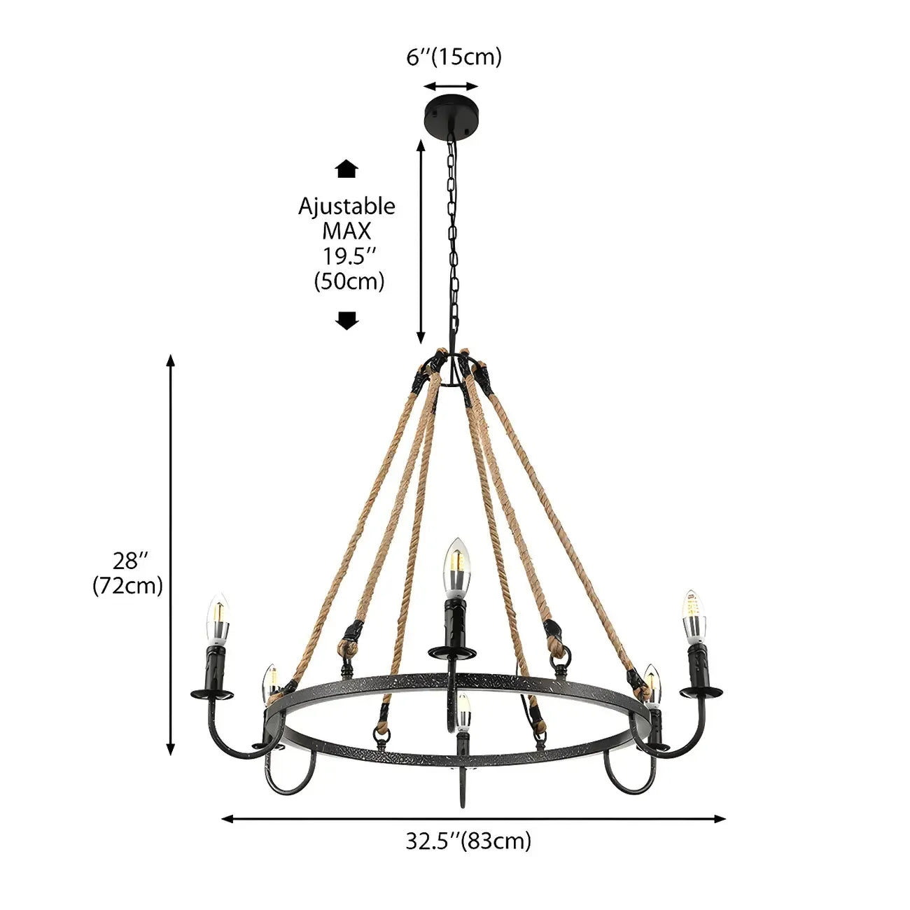 Lustre rond industriel en métal et corde de chanvre pour bougies