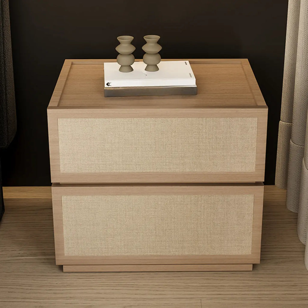 Table de chevet à 2 tiroirs en tissu et structure en bois, couleur noyer foncé