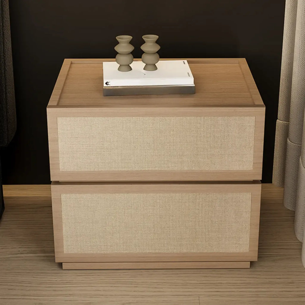 Table de chevet à 2 tiroirs en tissu et structure en bois, couleur noyer foncé