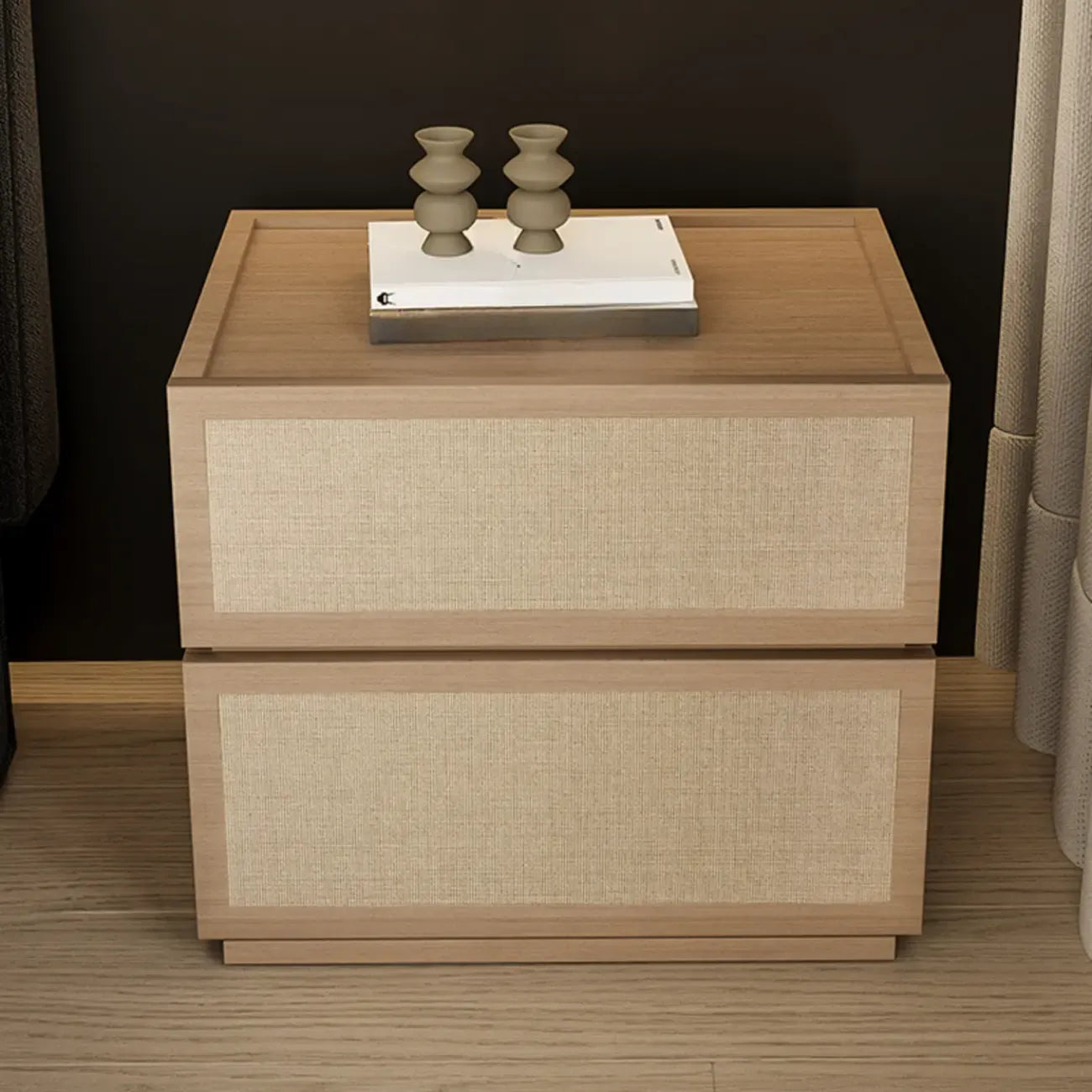 Table de chevet à 2 tiroirs en tissu et structure en bois, couleur noyer foncé