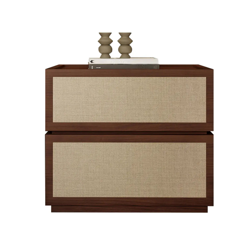 Table de chevet à 2 tiroirs en tissu et structure en bois, couleur noyer foncé