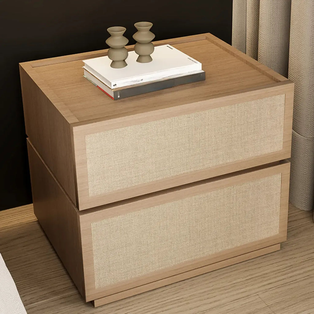 Table de chevet à 2 tiroirs en tissu et structure en bois, couleur noyer foncé