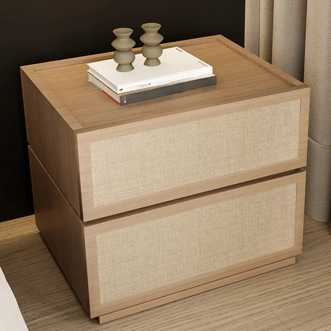 Table de chevet à 2 tiroirs en tissu et structure en bois, couleur noyer foncé
