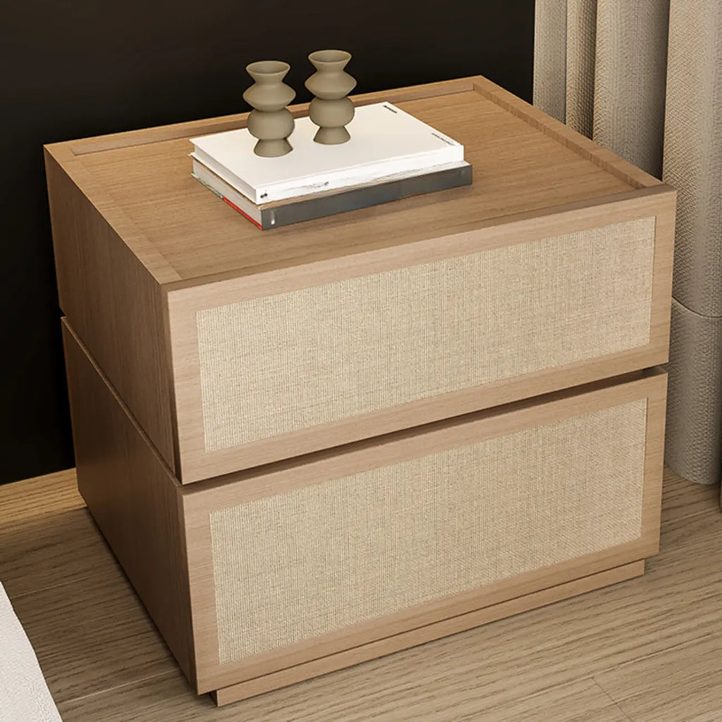 Table de chevet à 2 tiroirs en tissu et structure en bois, couleur noyer foncé