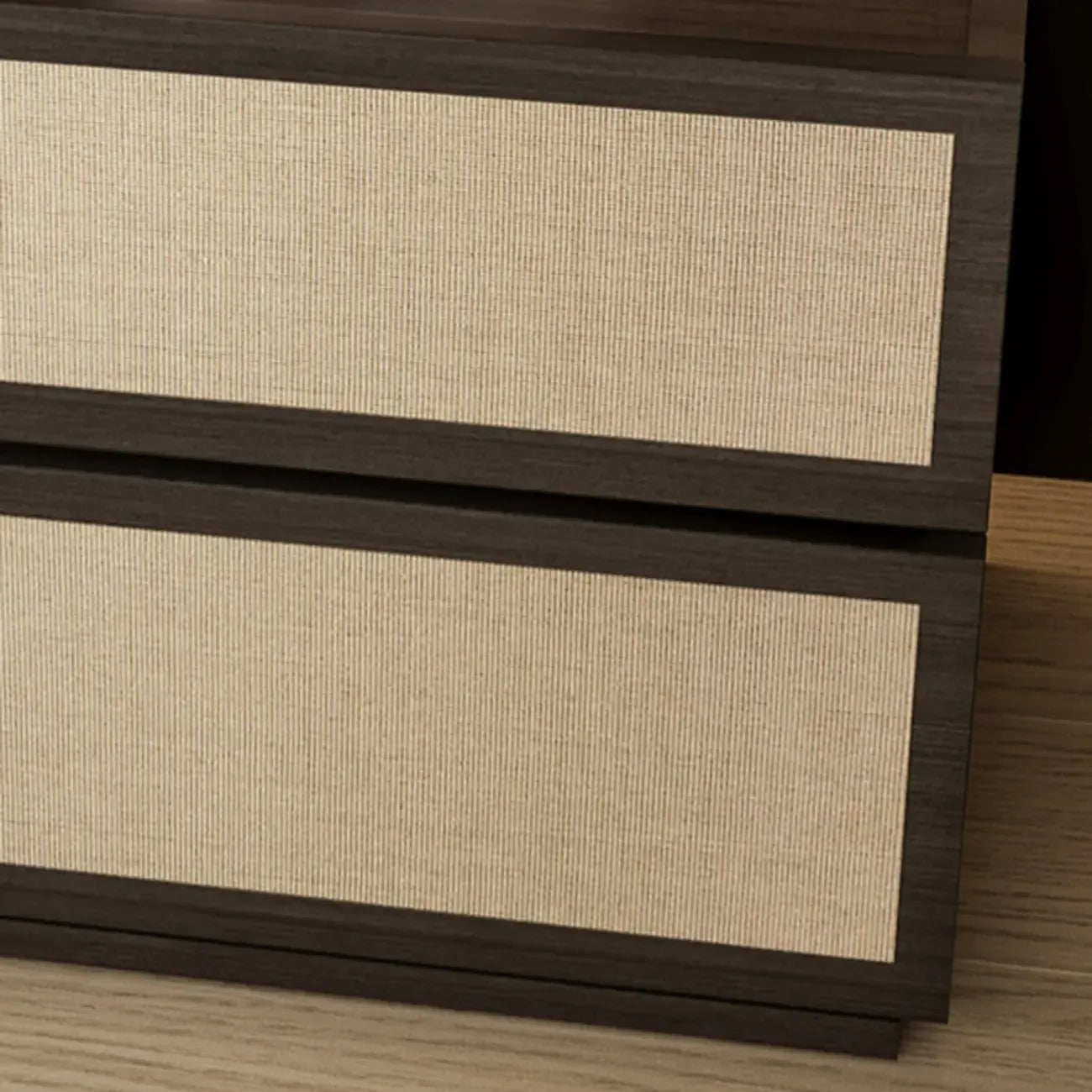 Table de chevet à 2 tiroirs en tissu et structure en bois, couleur noyer foncé