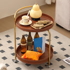 Table d'appoint ronde mobile à 2 niveaux en cuir marron et métal