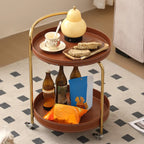 Table d'appoint ronde mobile à 2 niveaux en cuir marron et métal