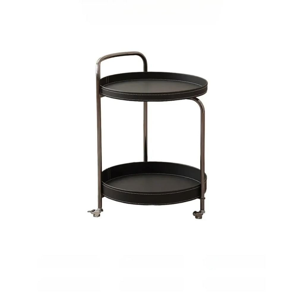 Table d'appoint ronde mobile à 2 niveaux en cuir marron et métal