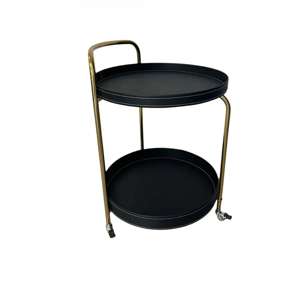 Table d'appoint ronde mobile à 2 niveaux en cuir marron et métal