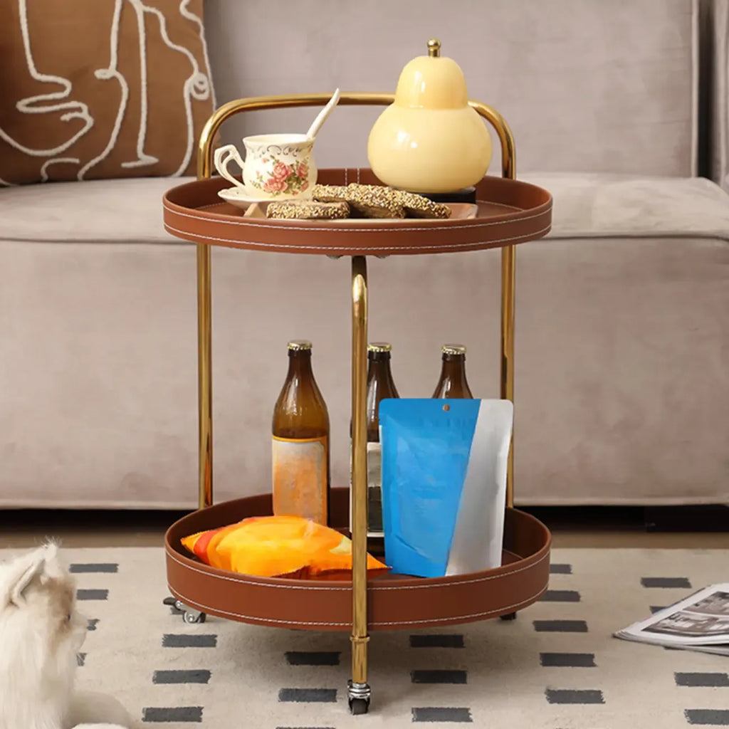 Table d'appoint ronde mobile à 2 niveaux en cuir marron et métal
