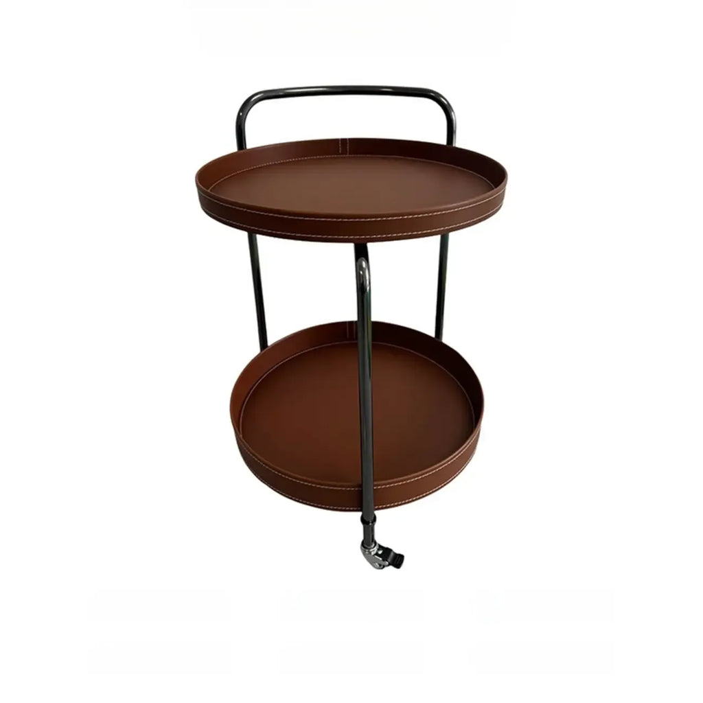 Table d'appoint ronde mobile à 2 niveaux en cuir marron et métal