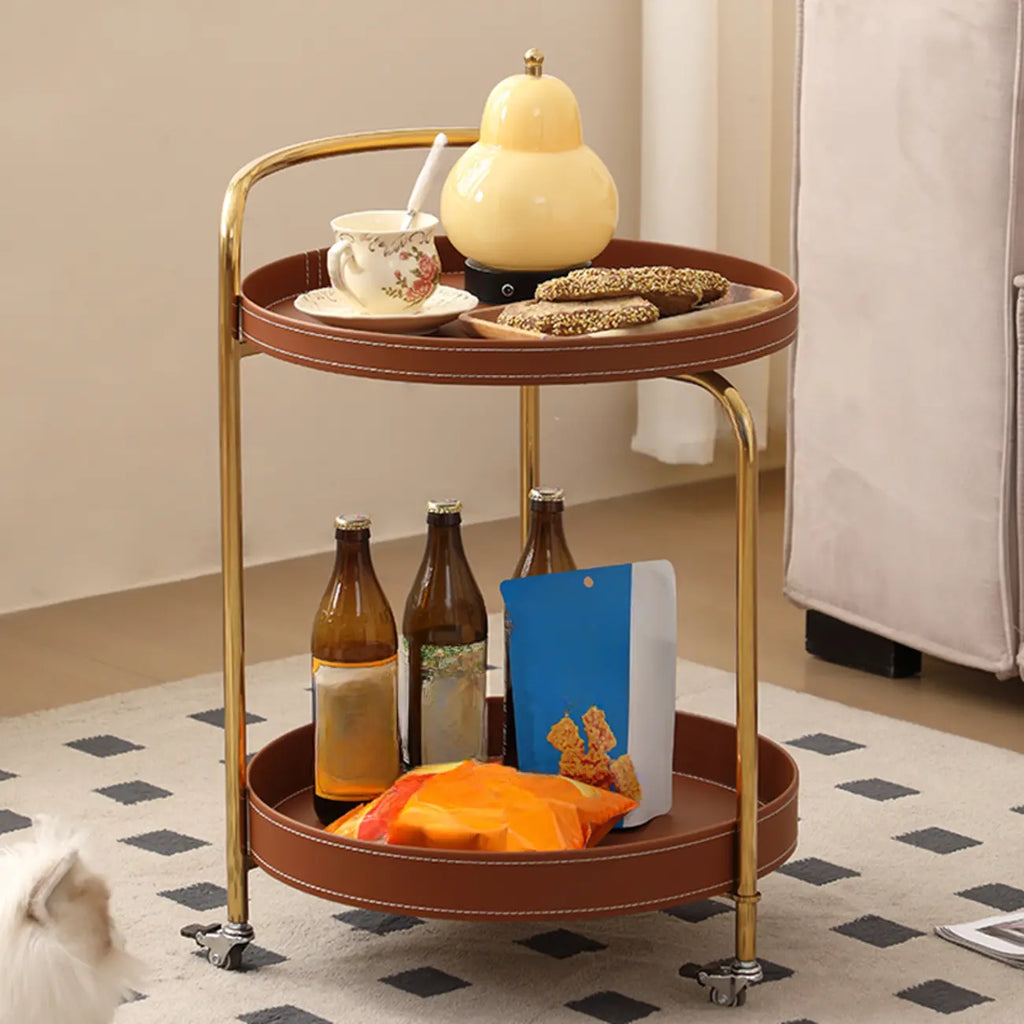 Table d'appoint ronde mobile à 2 niveaux en cuir marron et métal