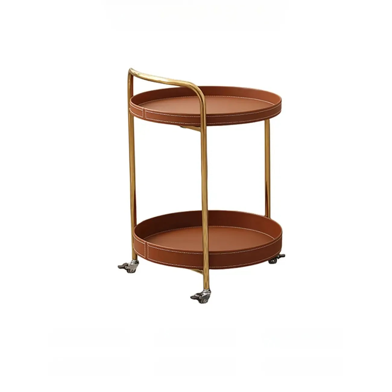 Table d'appoint ronde mobile à 2 niveaux en cuir marron et métal