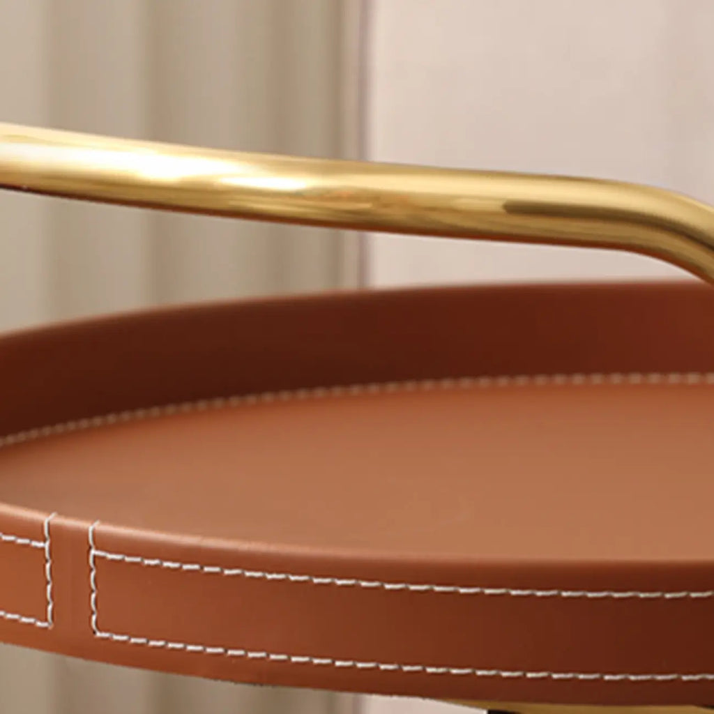 Table d'appoint ronde mobile à 2 niveaux en cuir marron et métal