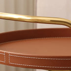 Table d'appoint ronde mobile à 2 niveaux en cuir marron et métal