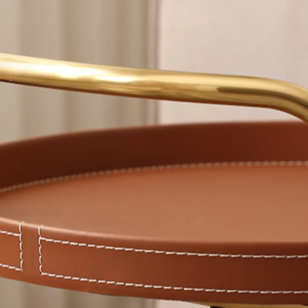 Table d'appoint ronde mobile à 2 niveaux en cuir marron et métal