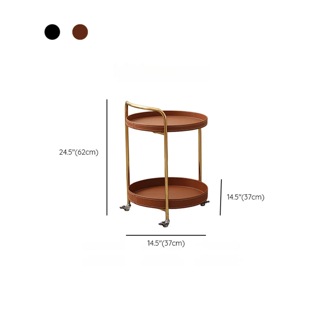 Table d'appoint ronde mobile à 2 niveaux en cuir marron et métal