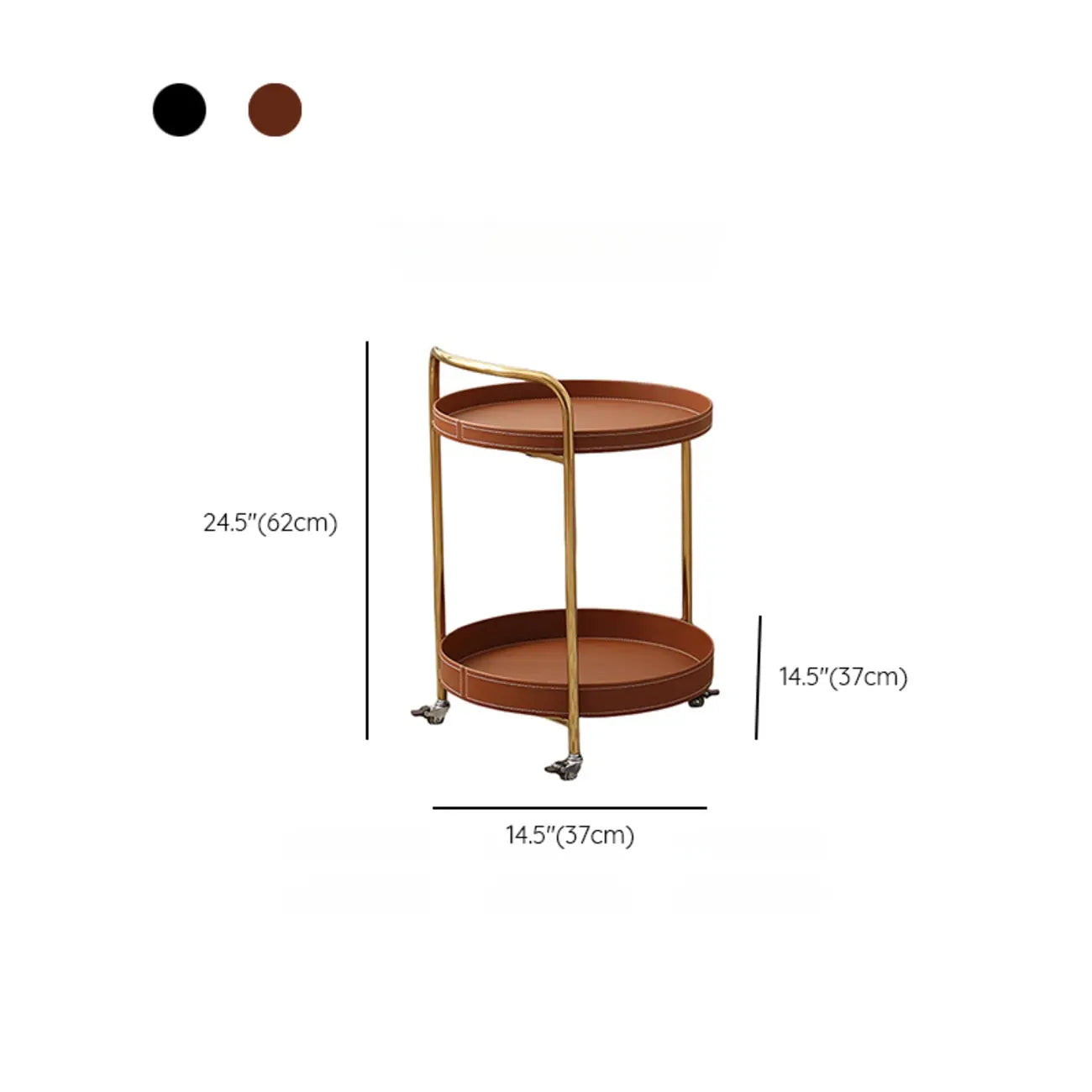 Table d'appoint ronde mobile à 2 niveaux en cuir marron et métal