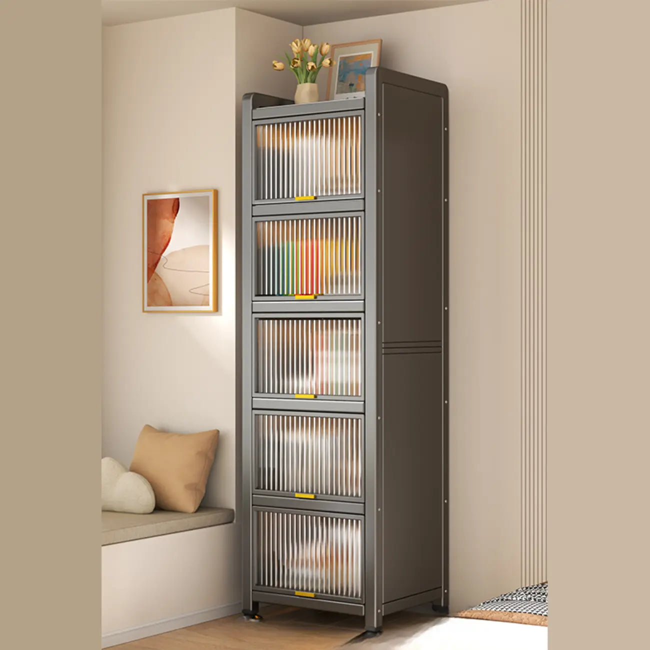 Bibliothèque moderne en métal à 5 ​​étagères avec couvercle rabattable et dos fermé