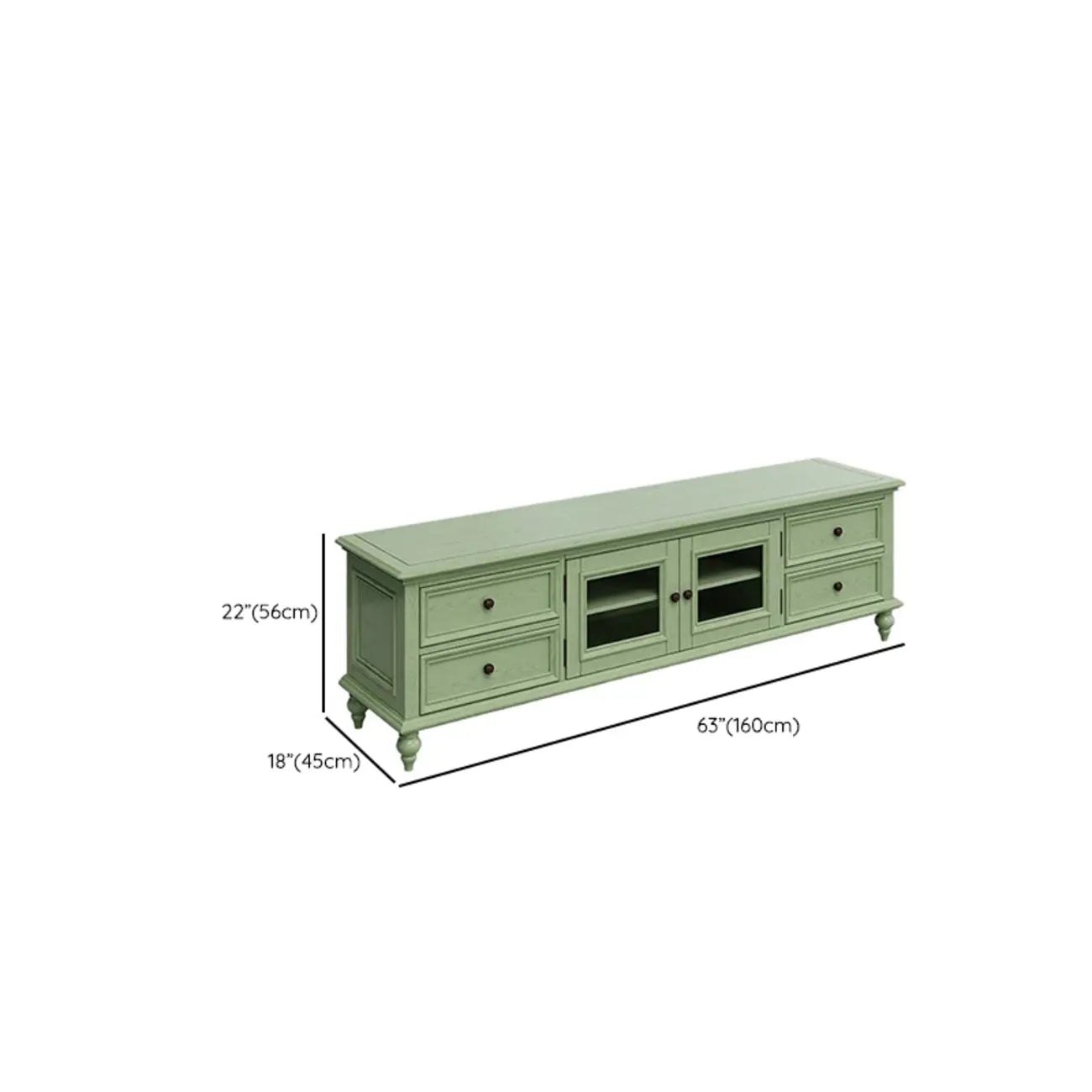 Meuble TV en bois vert style Mid-Century à 4 tiroirs et portes vitrées