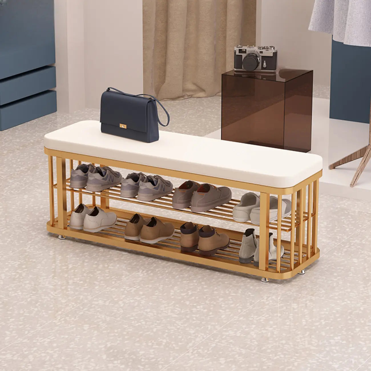 Banc de rangement capitonné en métal doré glamour pour entrée