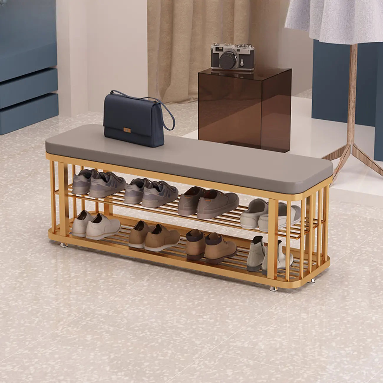 Banc de rangement capitonné en métal doré glamour pour entrée