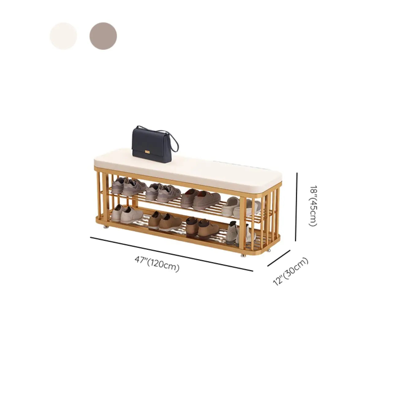 Banc de rangement capitonné en métal doré glamour pour entrée