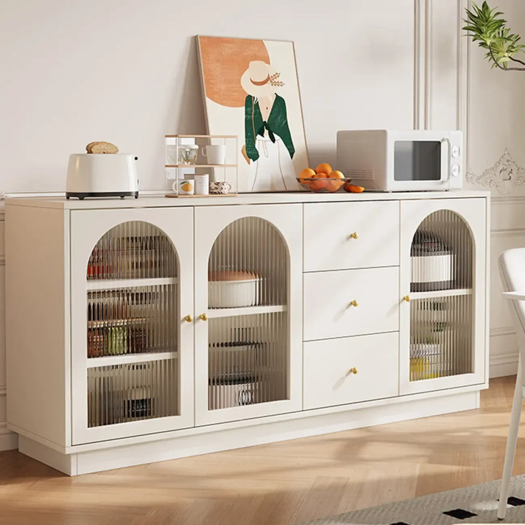 Buffet élégant en bois et verre arqué, réglable, avec 3 tiroirs