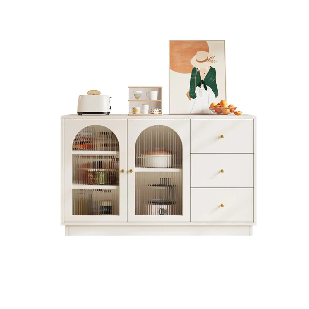 Buffet élégant en bois et verre arqué, réglable, avec 3 tiroirs