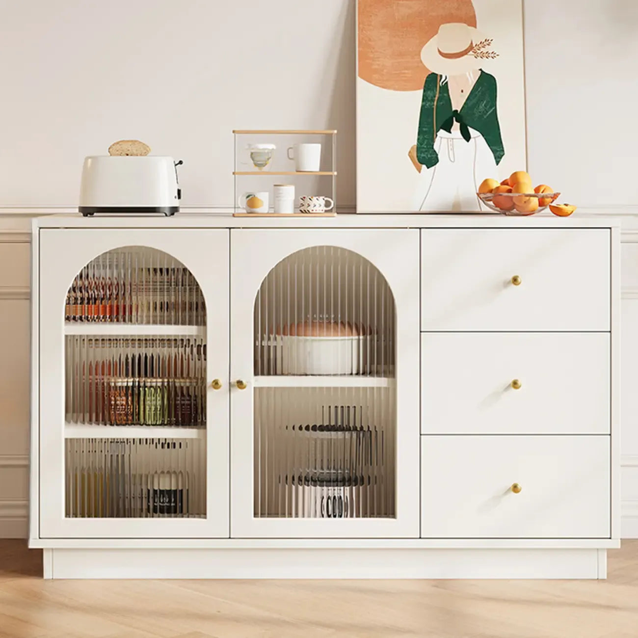Buffet élégant en bois et verre arqué, réglable, avec 3 tiroirs